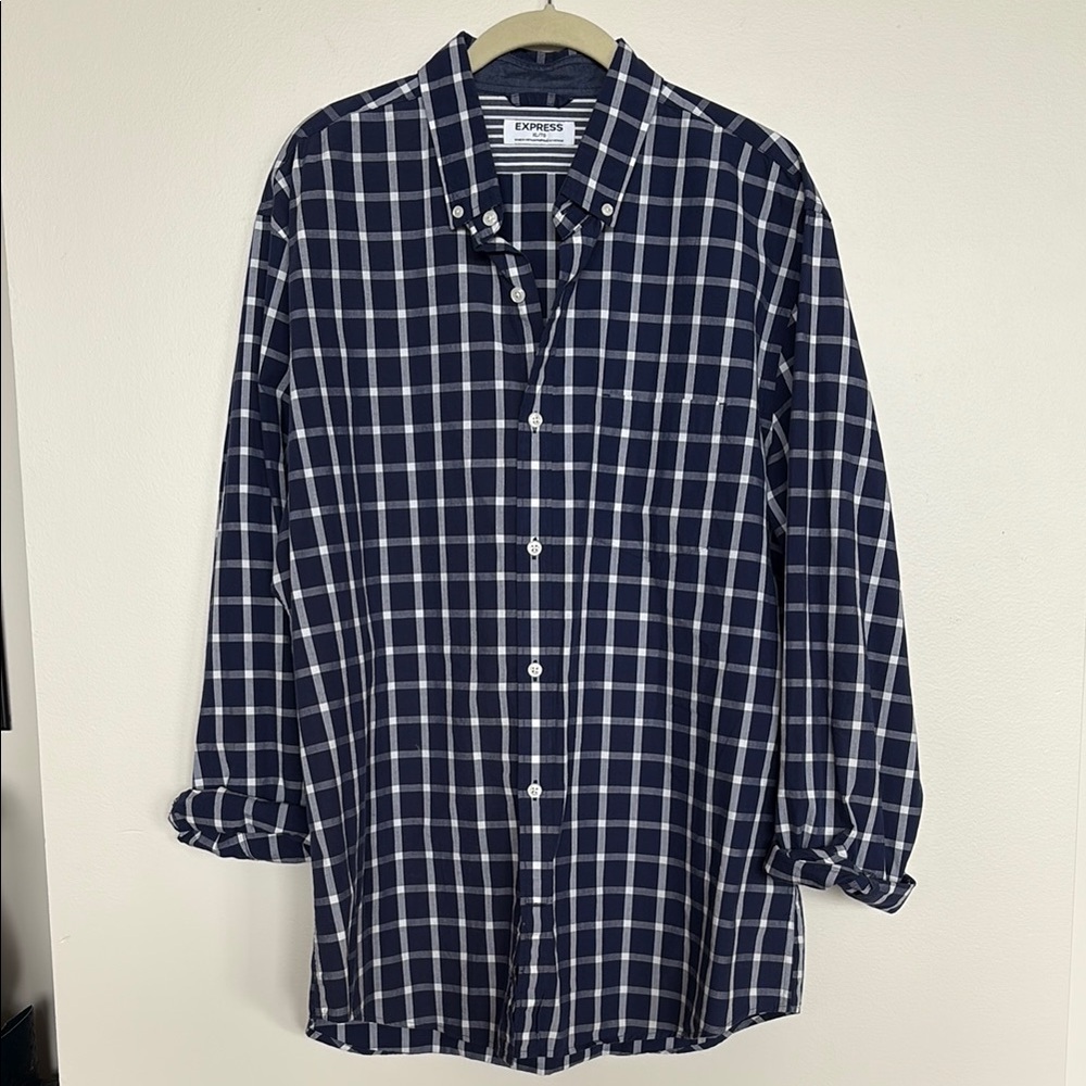 Express Men's Blue Checkered Long Sleeve Button Down Shirt, XL